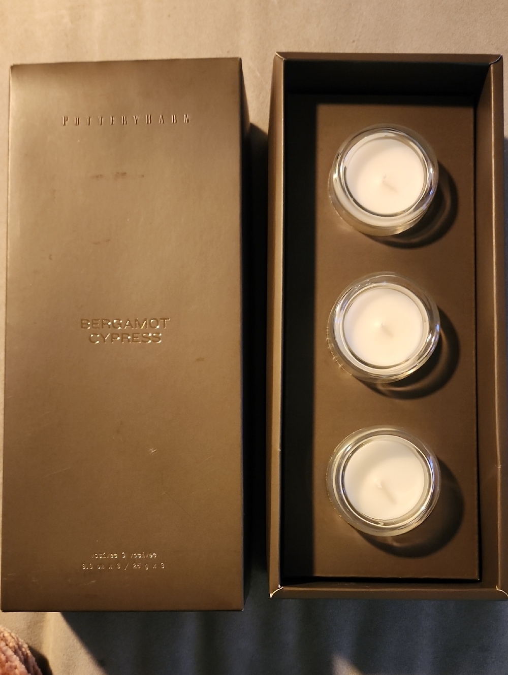 Pottery Barn Bergamot Cypress Trio Of Candles, New In Box, Great Gift